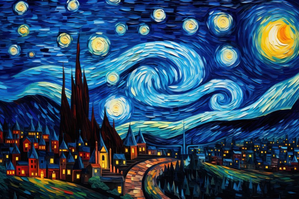 A starry night with the sky and full moon over the town painting art outdoors.