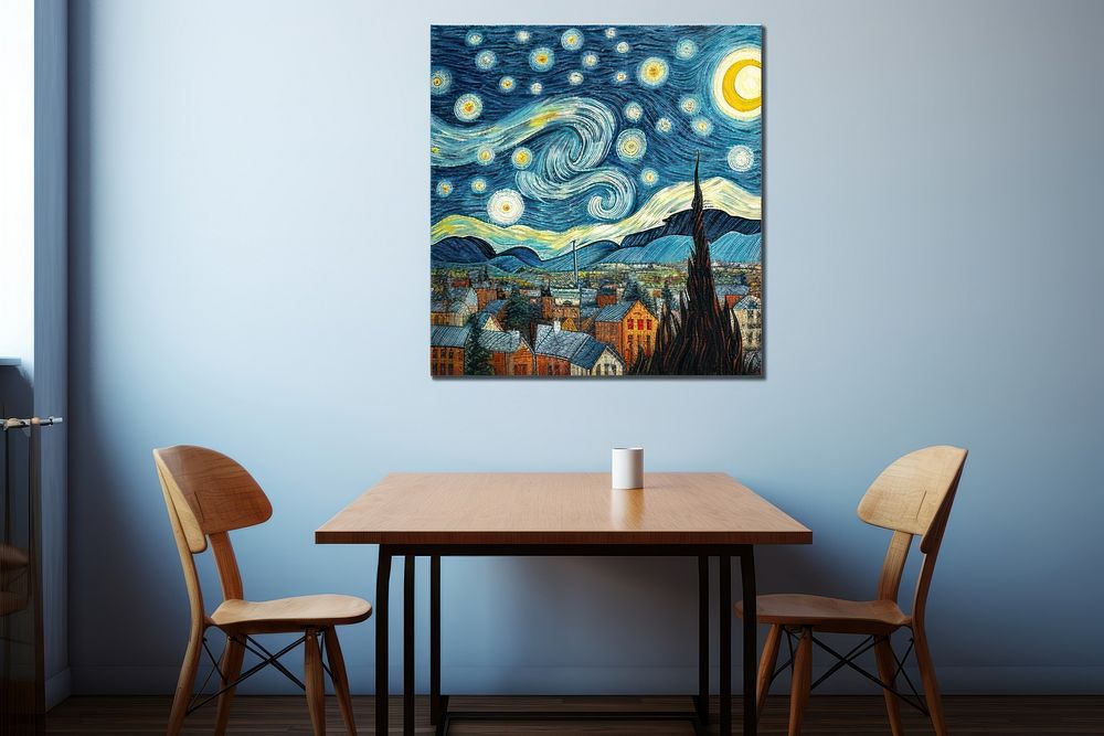 A starry night with the sky and full moon over the town painting art architecture.