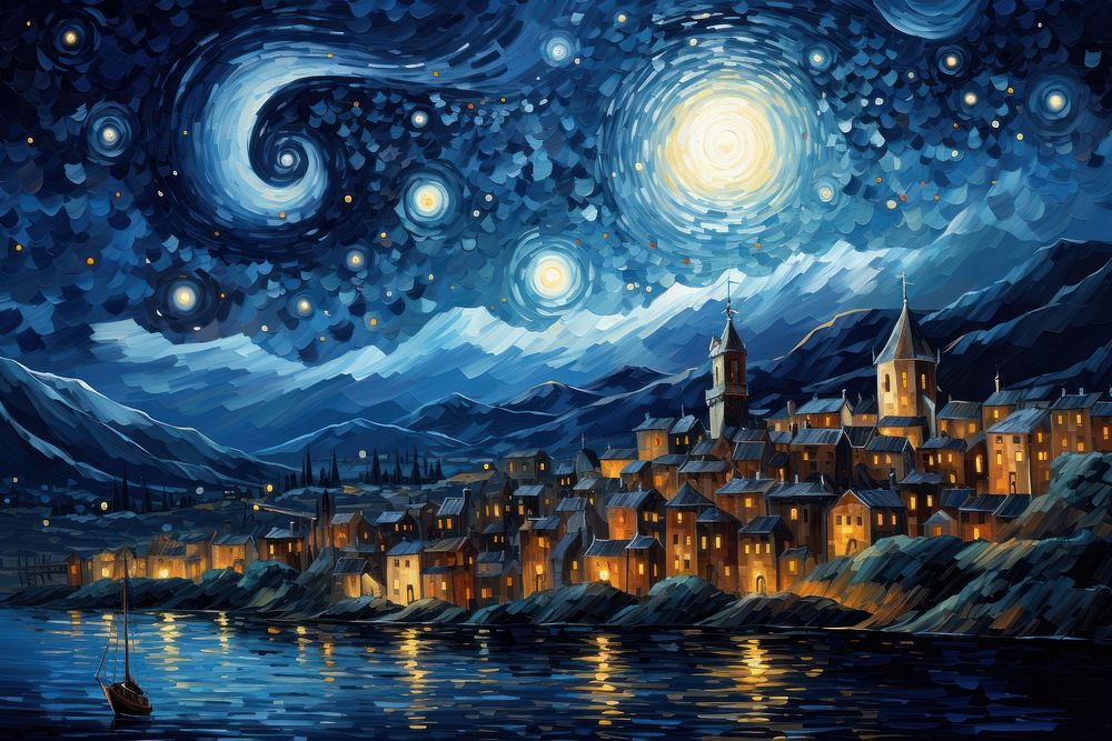 A starry night with the sky and full moon over the town painting outdoors city.