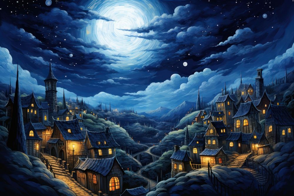 A starry night with the sky and full moon over the town landscape outdoors painting.