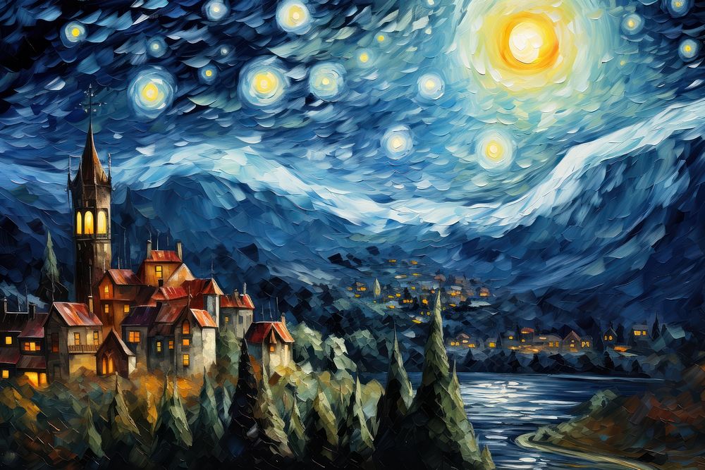 A starry night with the sky and full moon over the town painting art outdoors.