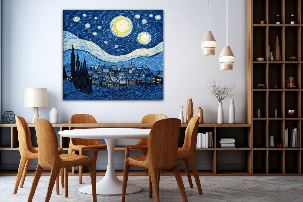 A starry night with the sky and full moon over the town painting art architecture.