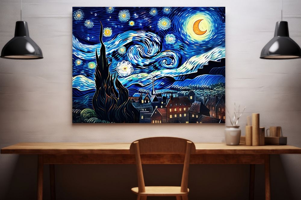 A starry night with the sky and full moon over the town painting art table.