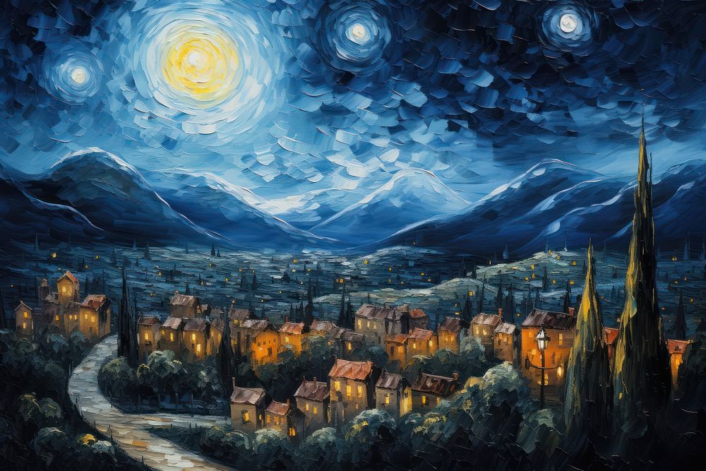 A starry night with the sky and full moon over the town painting landscape outdoors.