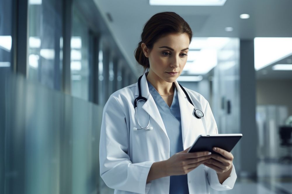 Doctor stand hospital female adult digital tablet.