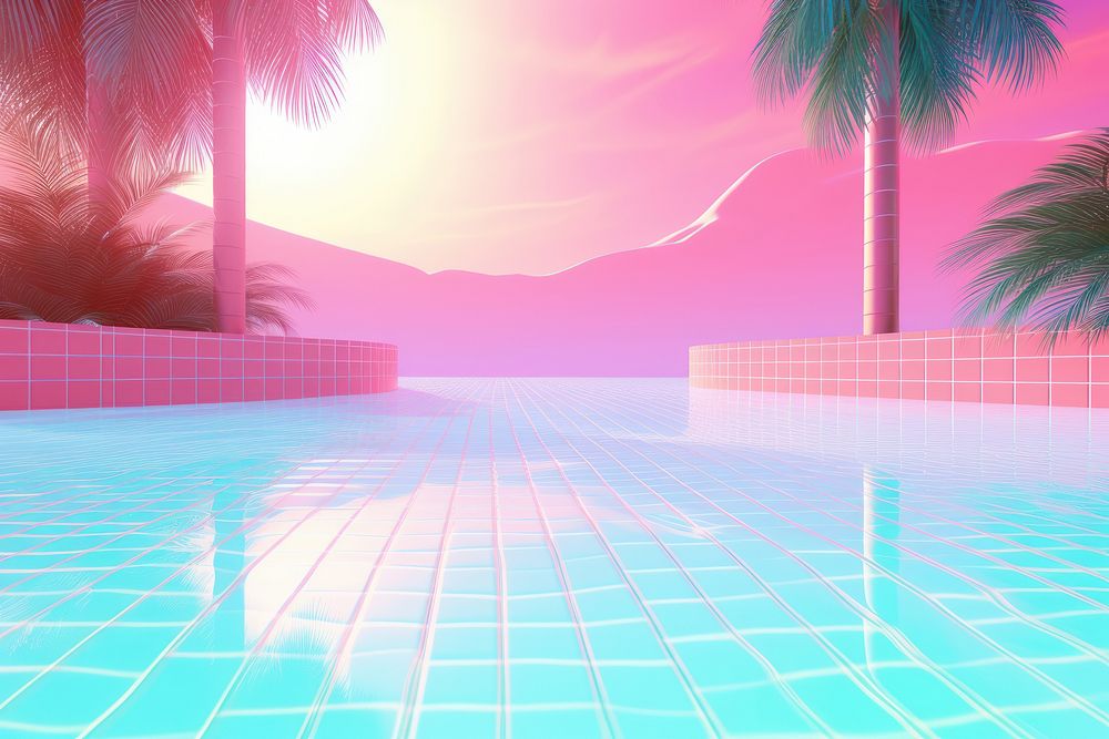 Retrowave garden pool architecture outdoors summer.