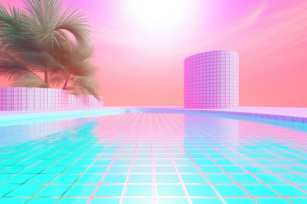 Retrowave garden pool outdoors architecture reflection.