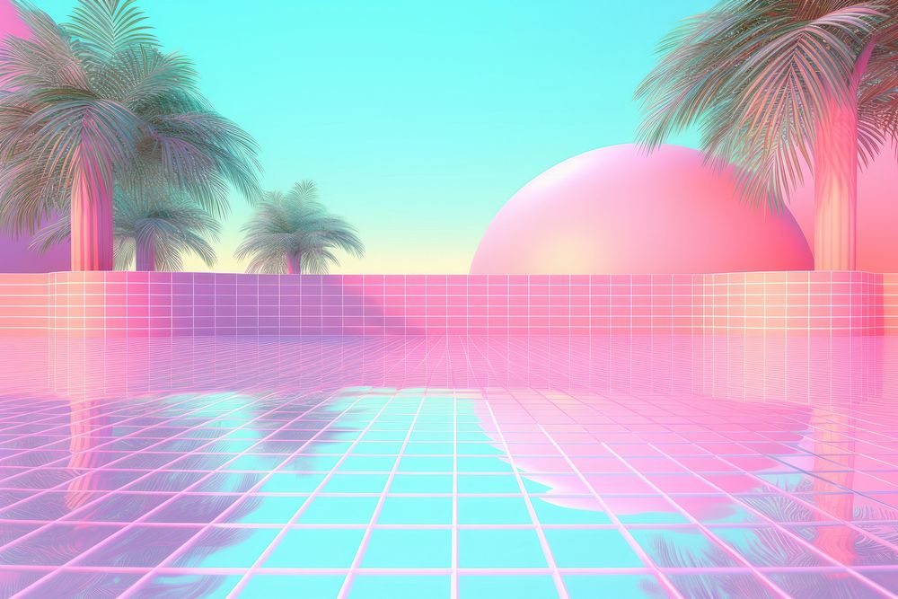 Retrowave garden pool architecture reflection sunlight.