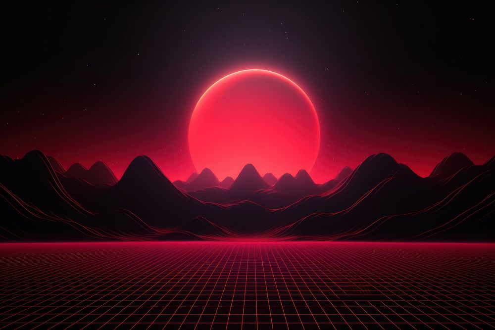 Retrowave red moon astronomy landscape | Premium Photo Illustration ...