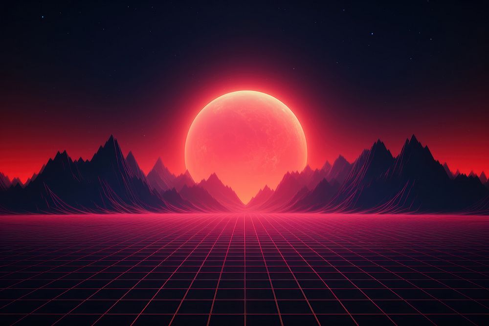 Retrowave red moon landscape astronomy nature.