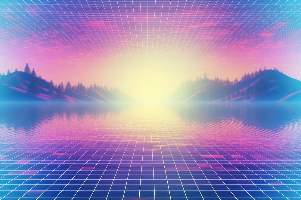 Retrowave lake scenery backgrounds abstract sunlight.