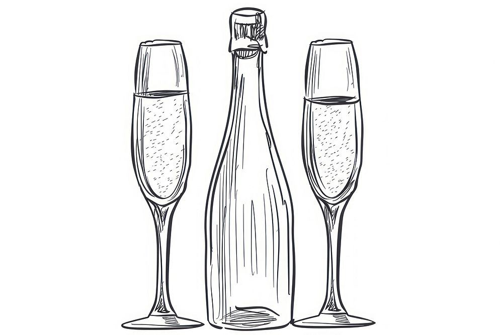 Bottle and glasses of champagne drawing sketch drink.