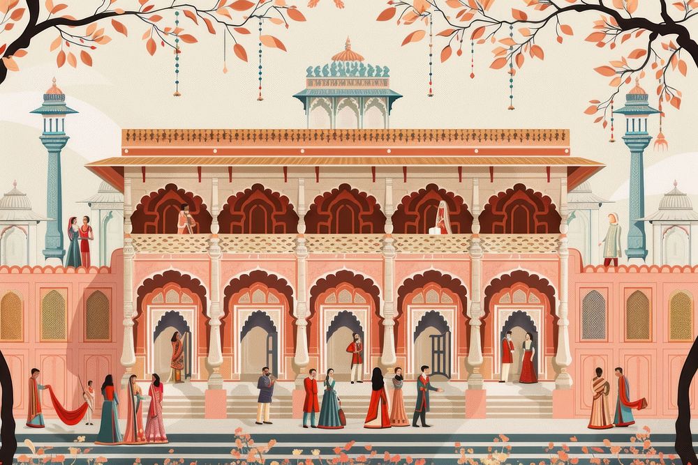Indian traditional mughal pichwai art architecture building mansion.