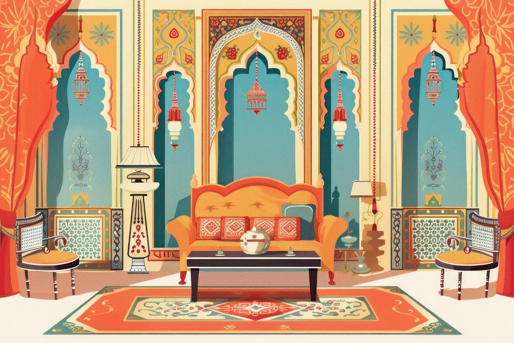 Indian traditional mughal pichwai art furniture chair room.