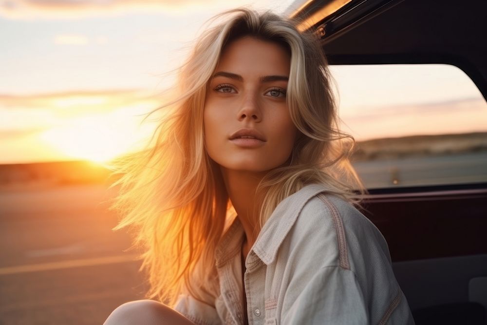 One young blonde attractive woman portrait looking sunset.