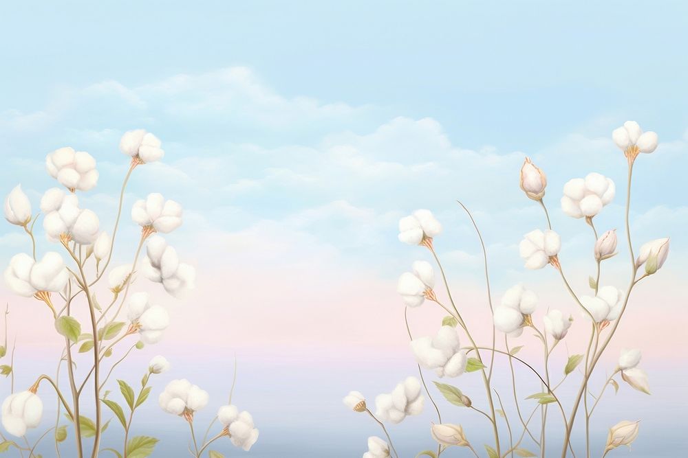 Painting of cotton flowers border sky backgrounds outdoors.