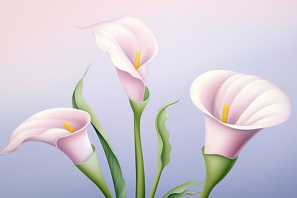Painting of calla lilly flowers border purple petal plant.