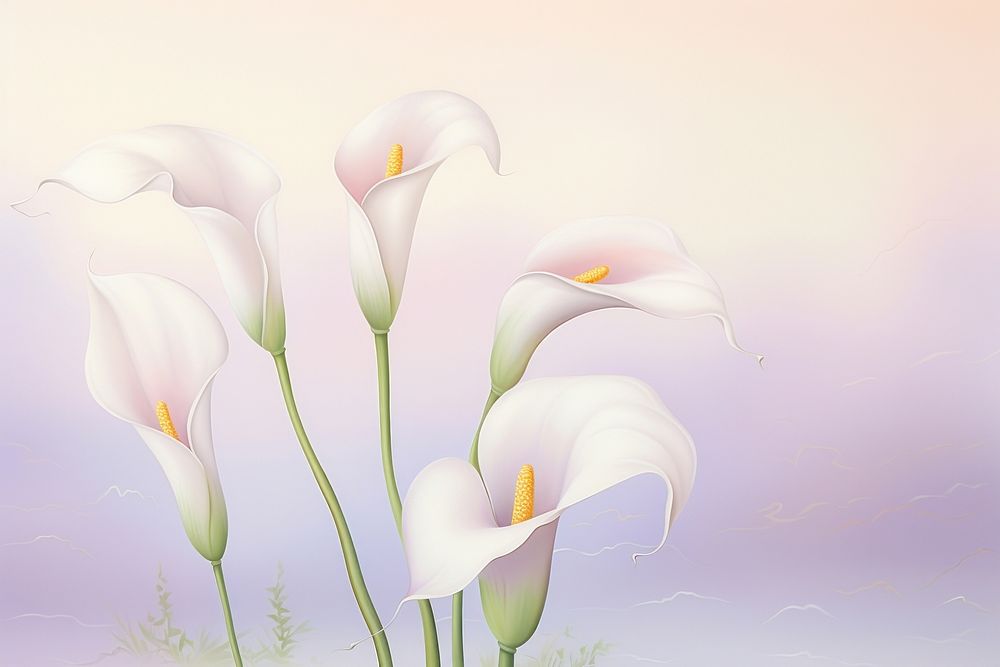 Painting of calla lilly flowers border purple petal plant.