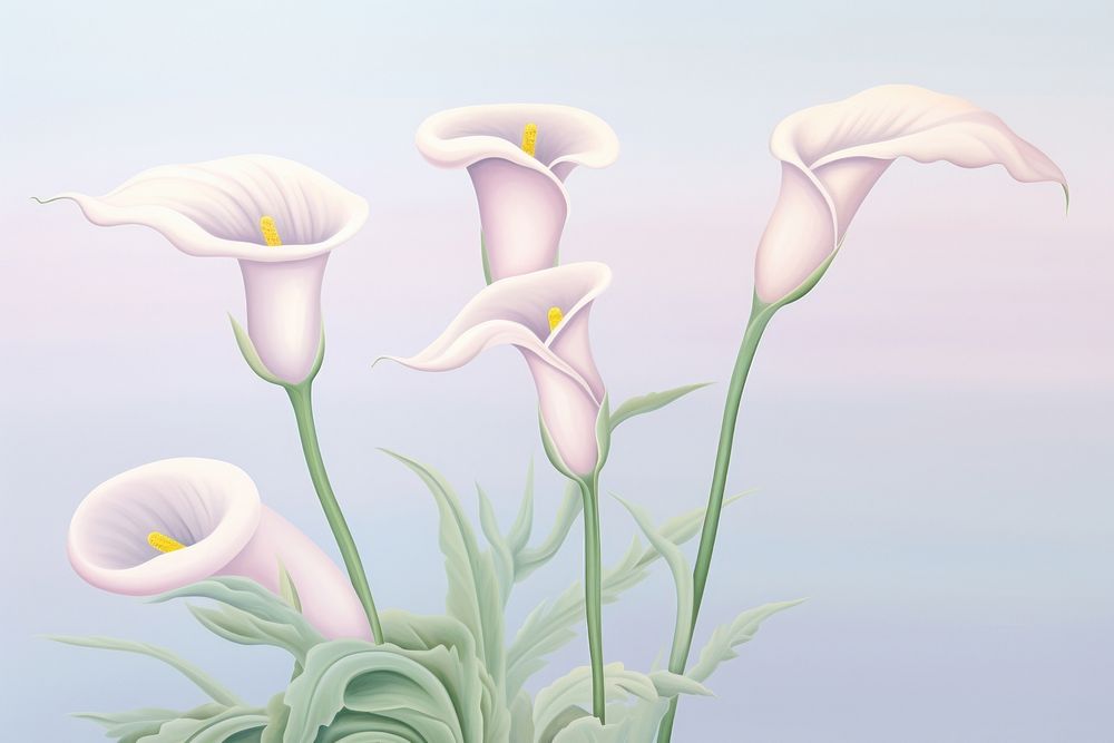 Painting of calla lilly flowers border purple plant inflorescence.