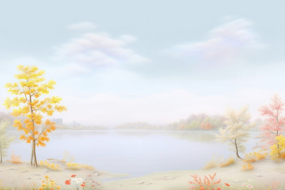 Painting of autumn border landscape outdoors nature.