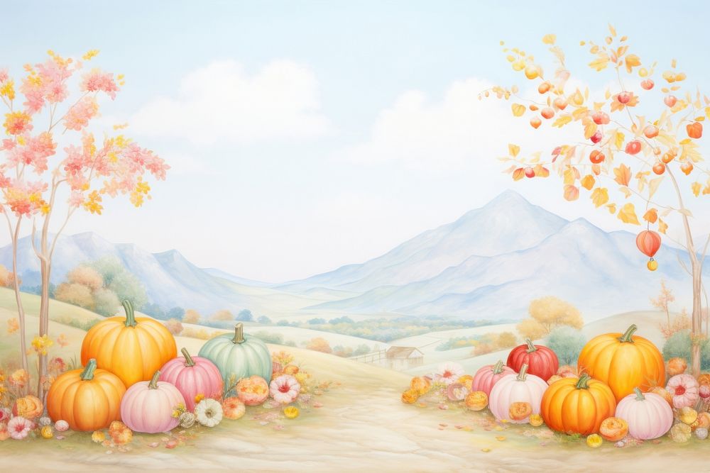 Painting of autumn festival border outdoors pumpkin nature.