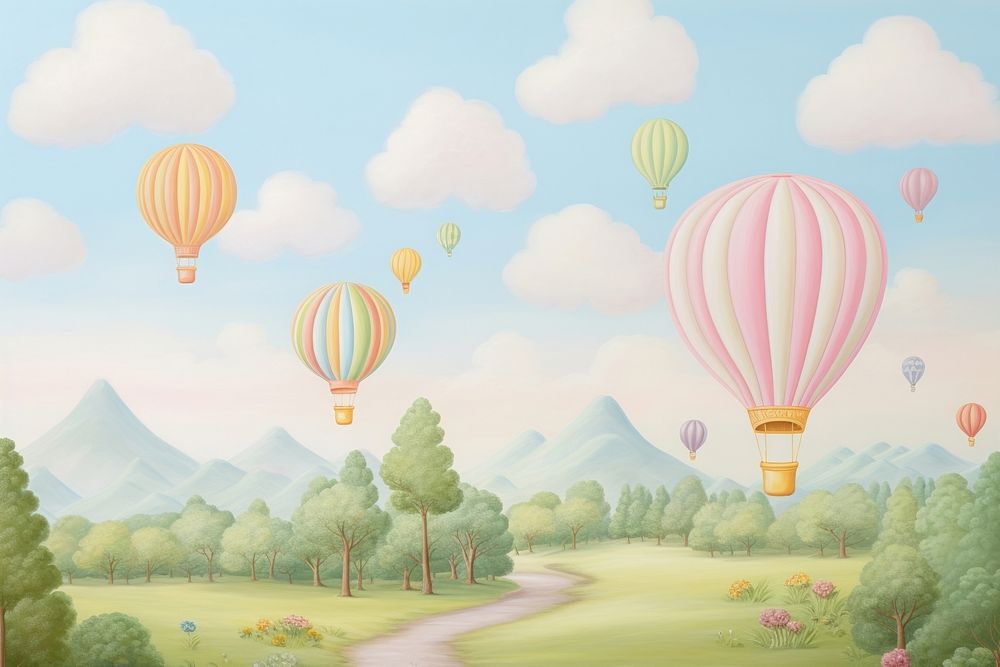 Painting of balloon border backgrounds aircraft outdoors.