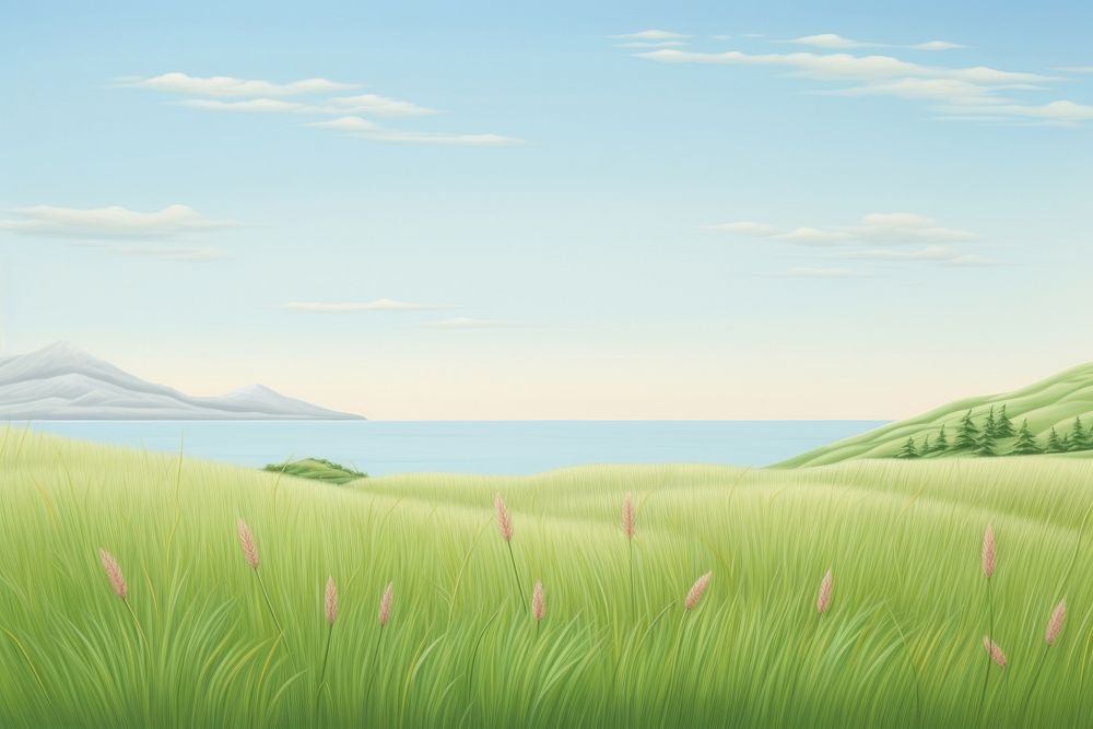 Painting of grass field border landscape outdoors horizon.
