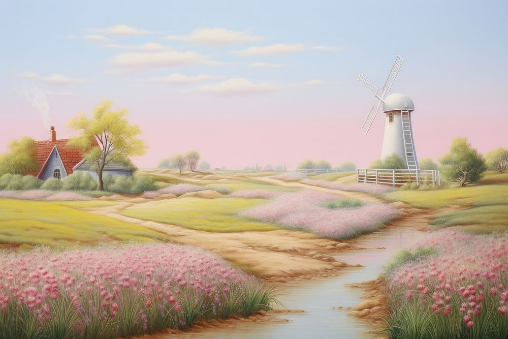 Painting of grass field with windmill border landscape outdoors nature.