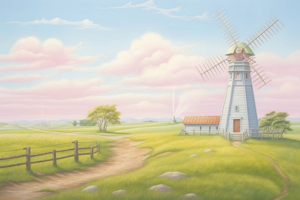 Painting of grass field with windmill border outdoors architecture agriculture.