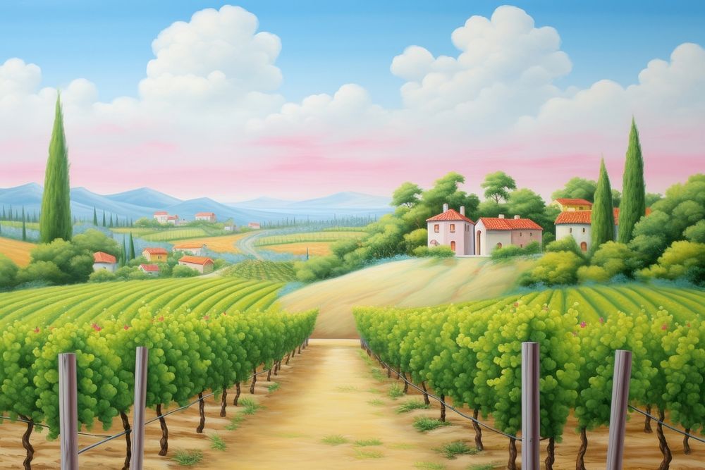 Painting of Italian vineyard border landscape outdoors nature.