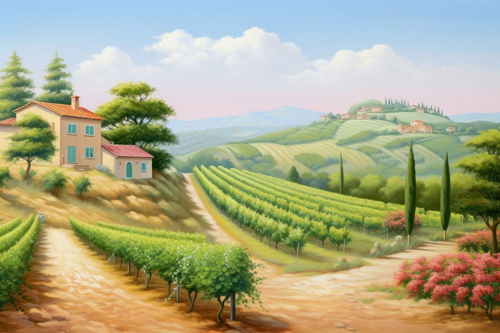 Painting of Italian vineyard border architecture agriculture landscape.