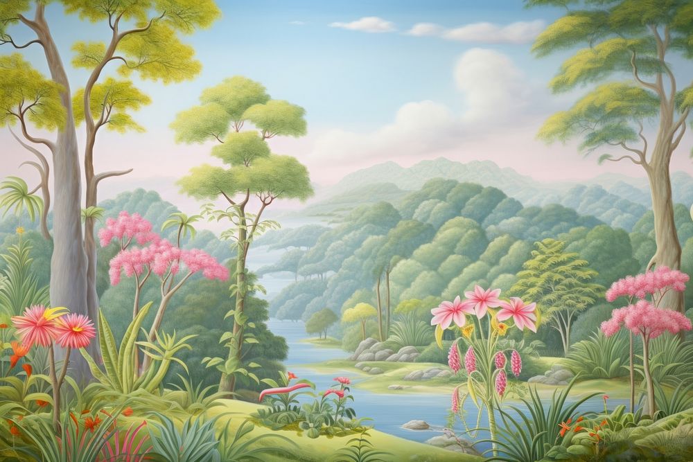 Painting of jungle border vegetation landscape outdoors.