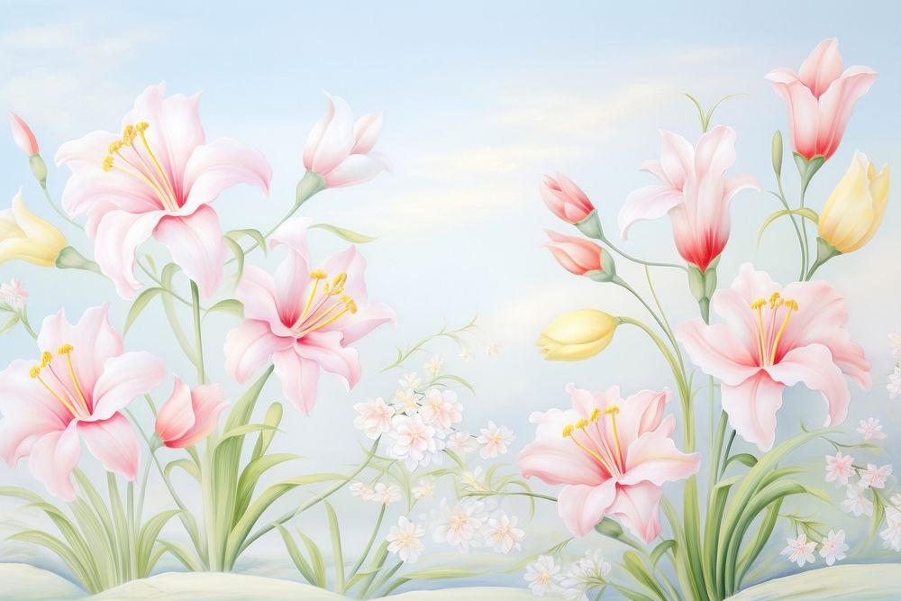 Painting of lilly flowers border plant inflorescence springtime.