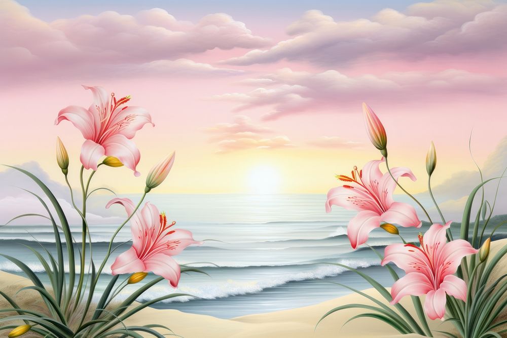 Painting of lilly flowers border outdoors nature sunset.