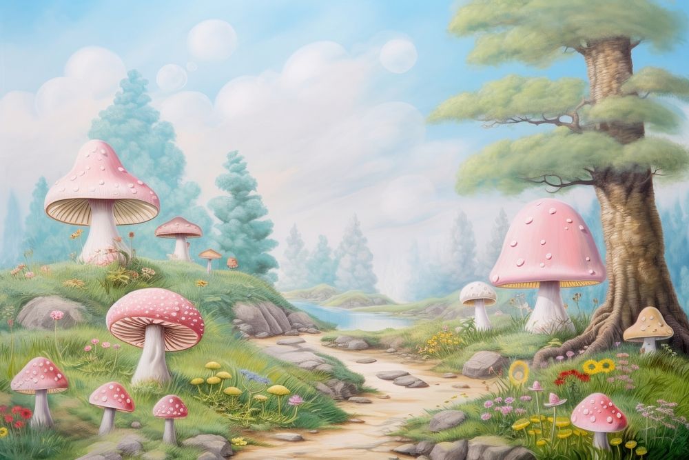 Painting of mushroom border outdoors fungus plant.