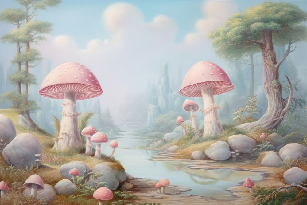 Painting of mushroom border plant tranquility toadstool.