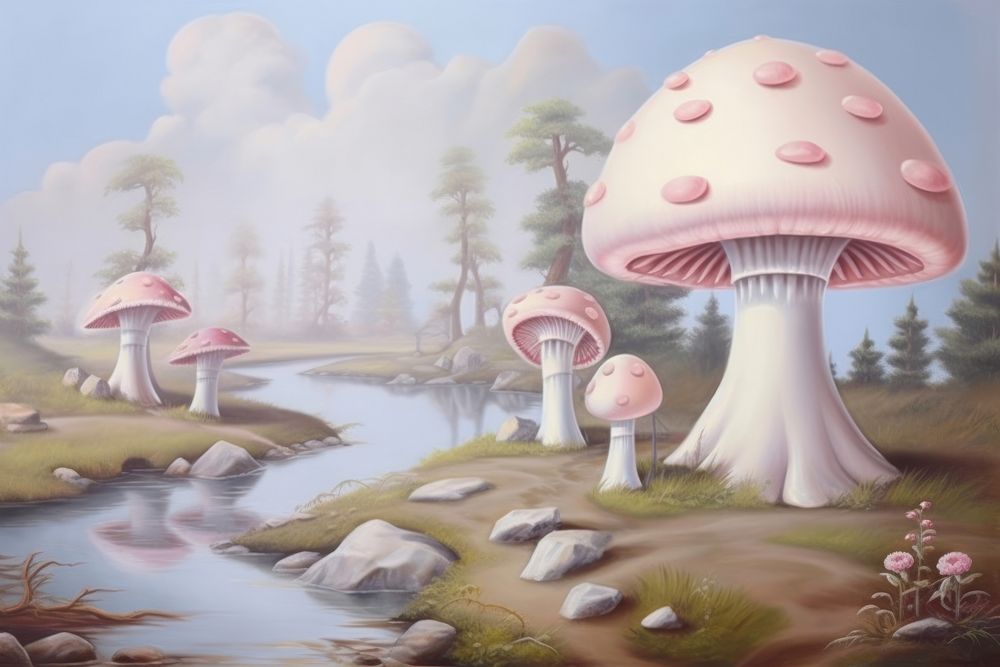 Painting of mushroom border fungus agaric plant.