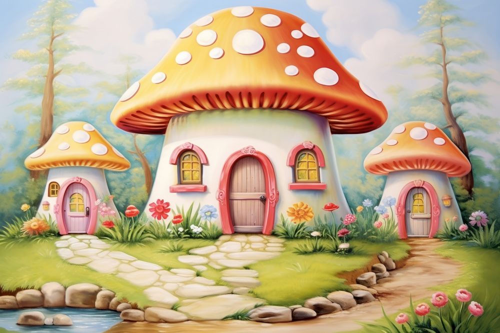Painting of mushroom house border architecture building outdoors.