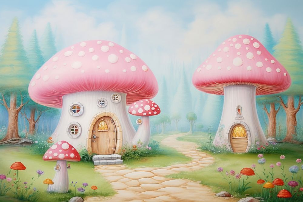 Painting of mushroom house border agaric plant architecture.