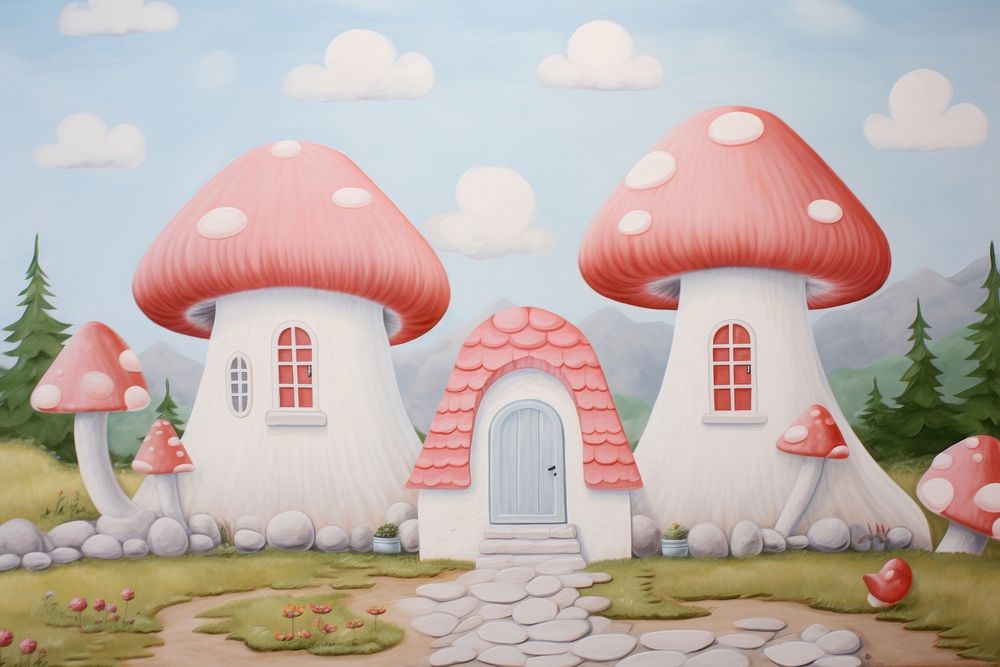 Painting of mushroom house border agaric fungus plant.