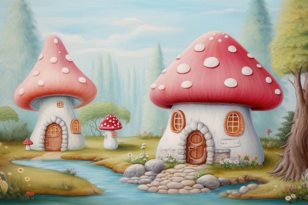 Painting of mushroom house border outdoors nature plant.