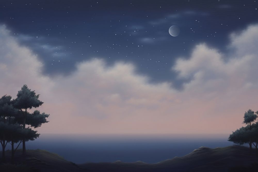 Painting of night sky border landscape astronomy outdoors.