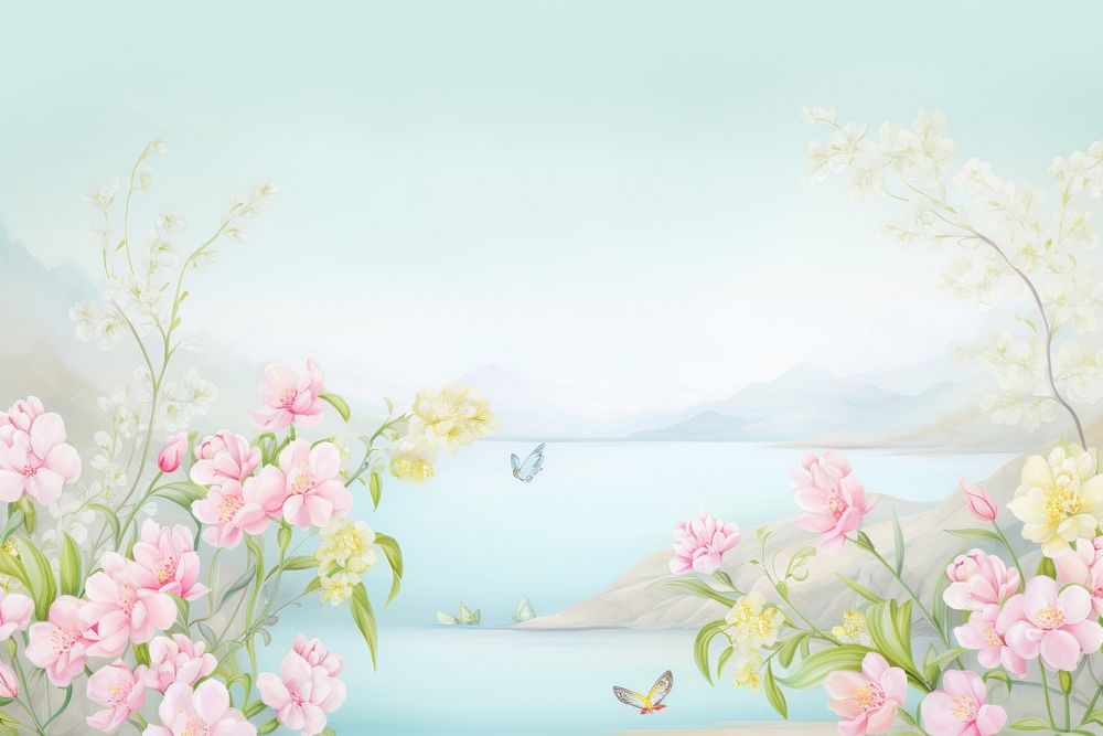 Painting of spring border outdoors nature flower.