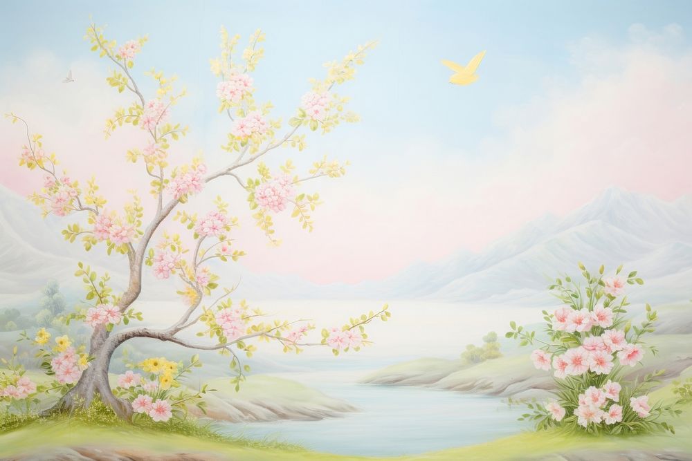 Painting of spring border outdoors blossom nature.