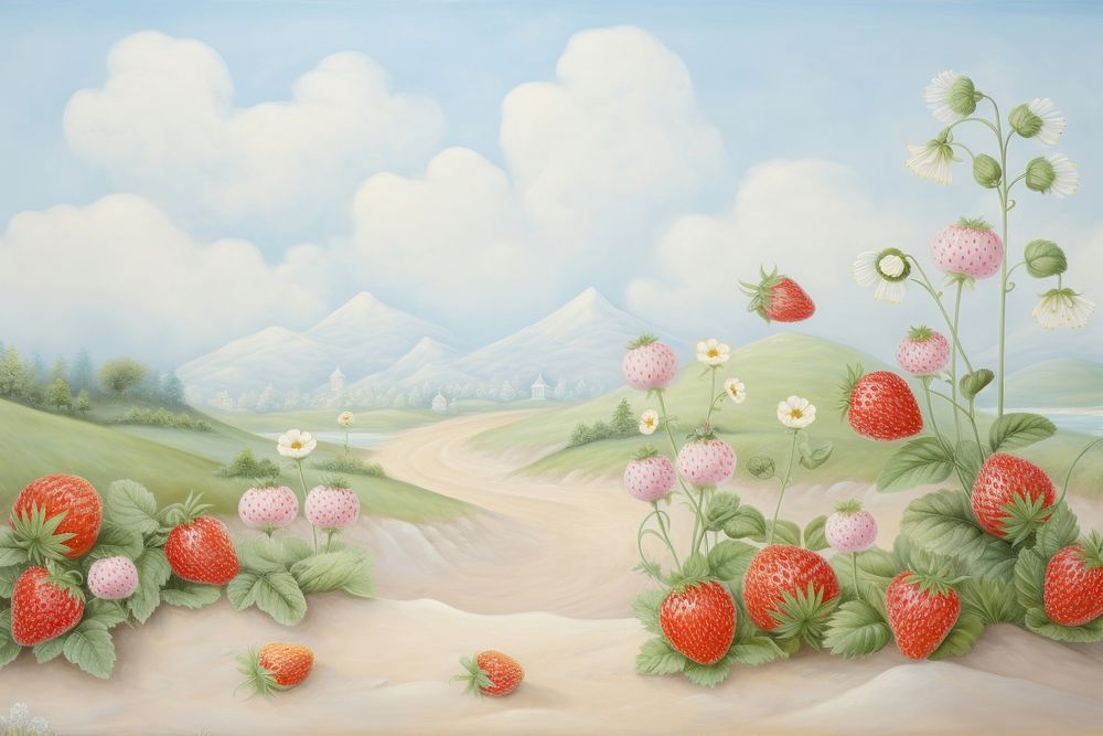 Painting of strawberry garden border plant fruit food.