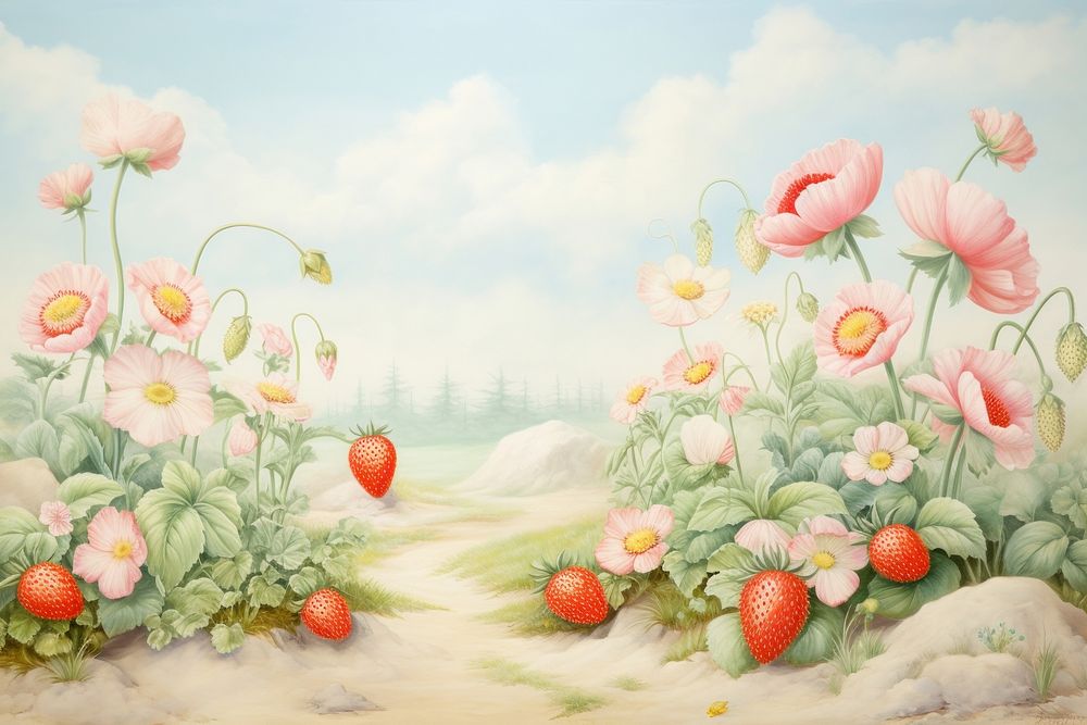Painting of strawberry garden border pattern flower plant.