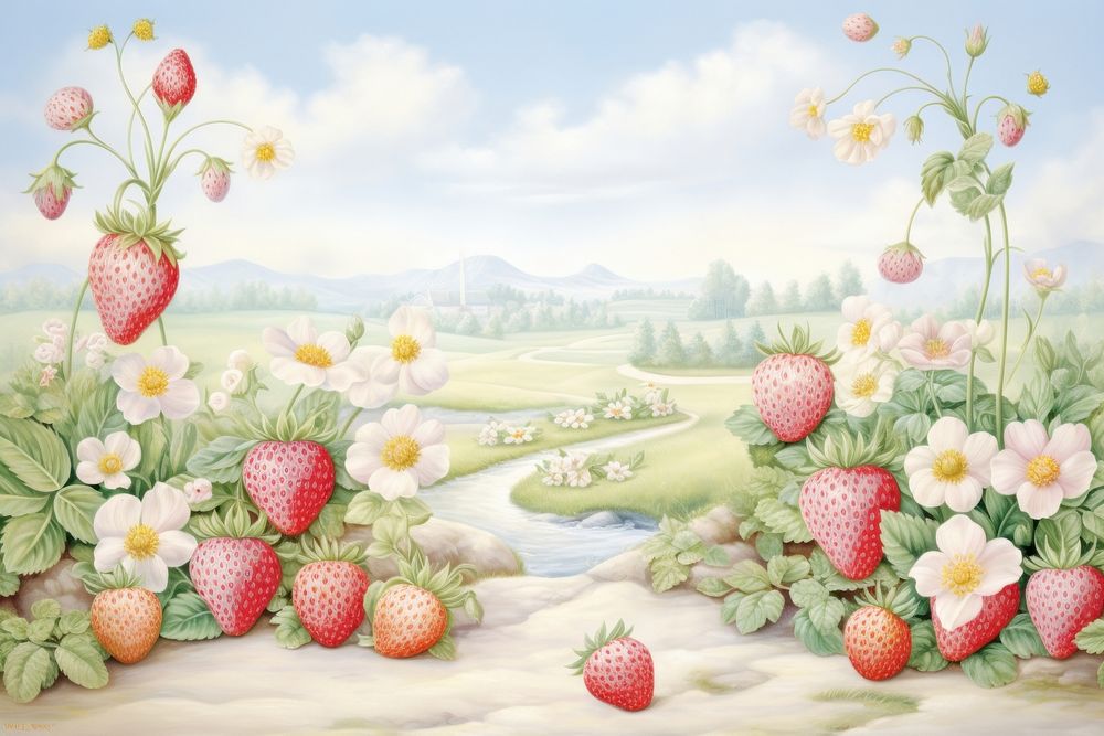 Painting of strawberry garden border pattern plant fruit.