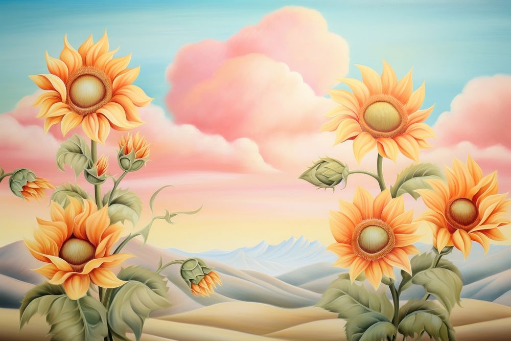 Painting of sunflowers and sun border backgrounds pattern plant.