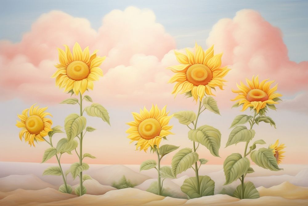 Painting of sunflowers and sun border plant art inflorescence.