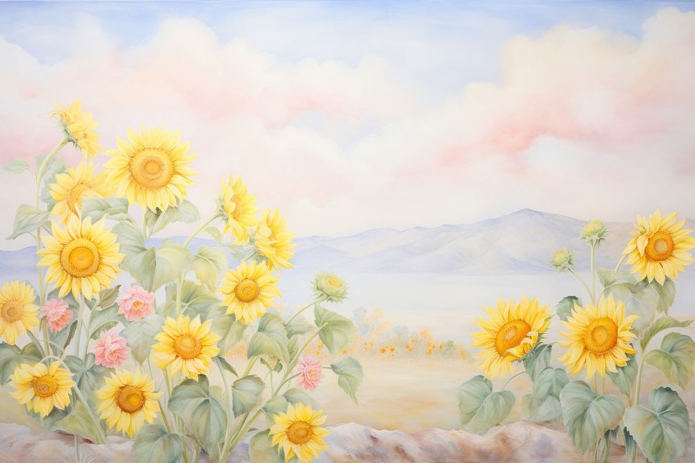 Painting of sunflowers and sun border backgrounds plant inflorescence.